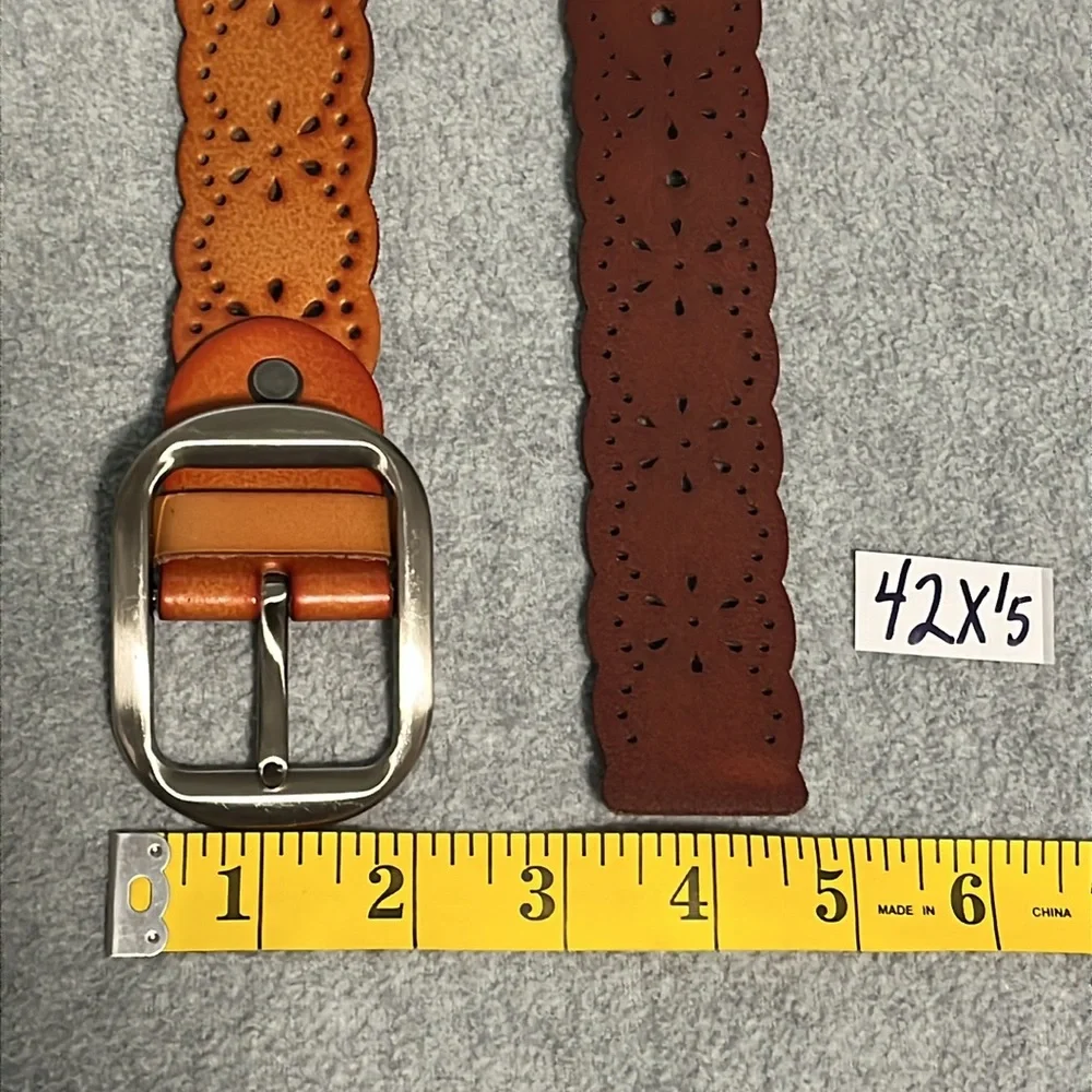 Boho Leather Tooled Belt Silver Tone Metal Buckle Western Festival